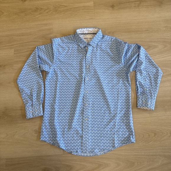 International Report Other - International Report Men's L Button Down Long Sleeve Shirt Blue White Geometric